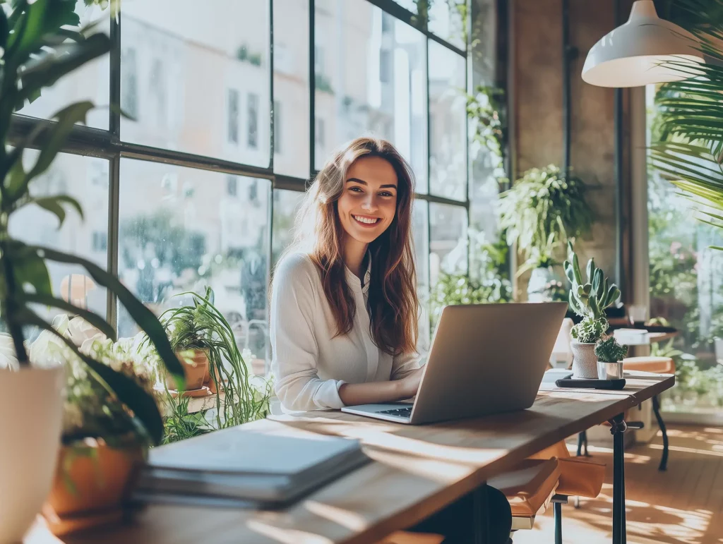 Eine junge Frau sitzt in einem modernen Büro und arbeitet an ihrem Laptop