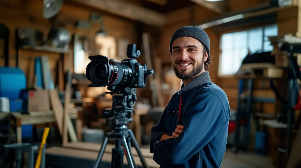 Junger Videograf steht mit seiner Kamera in einer Schreinerei